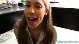 Kimber Lee blows her boss under his desk &amp; swallows!