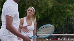 Busty babe August seduces her coach to suck his big cock