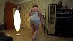 Girlfriend with a strapon fuck mature milf doggystyle, shake a fat butt and big tits. Lesbians POV.