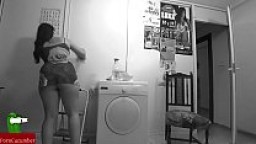 They fuck in the laundry room and he cums on her ass. SAN090